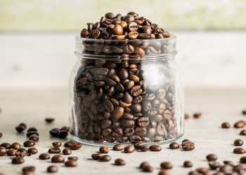 Coffee beans stored in the glass jar