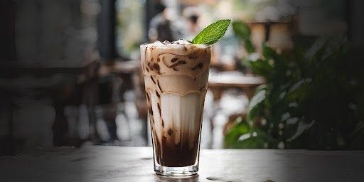 Glass filled with mint mocha coffee which is specially crafted in The App Barista Coffee Experience Center