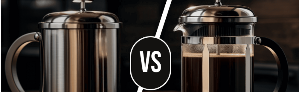 Stainless steel french press on the left side vs glass french press coffee maker on the right side