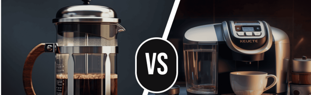 French press coffee maker on the left side vs keurig coffee maker on the right side