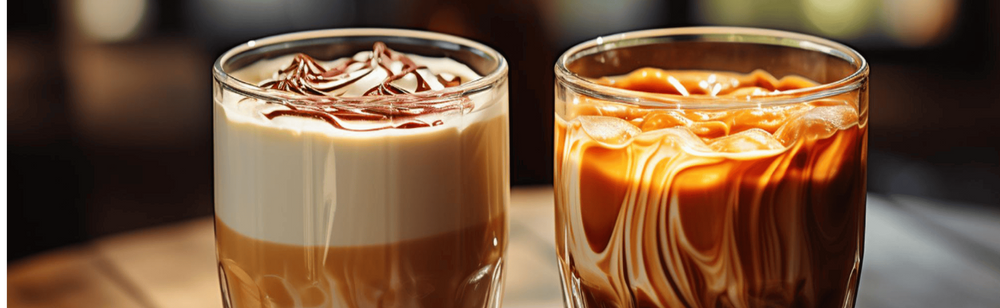 Cortado coffee and cappuccino coffee shown beside each other in glass cup