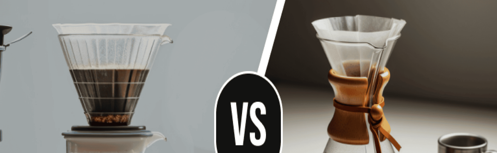 Hario v60 and and Chemex coffee maker are shown beside each other