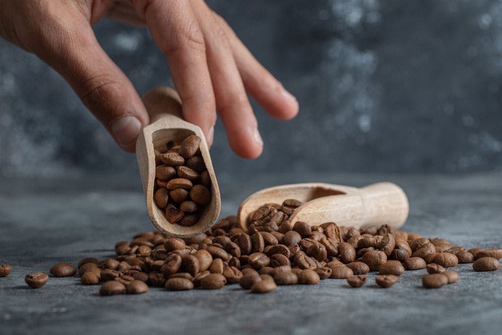 Hand holding wooden spoon with coffee beans