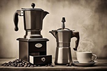Electric and stovetop coffee percolators are shown beside each other