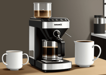 Drip coffee maker with brewed coffee in carafe is shown