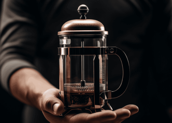 Man holding french press coffee maker